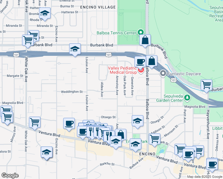 map of restaurants, bars, coffee shops, grocery stores, and more near 5269 Amestoy Avenue in Los Angeles