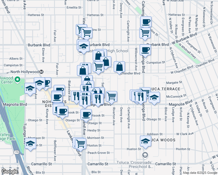 map of restaurants, bars, coffee shops, grocery stores, and more near 5315 Harmony Avenue in Los Angeles