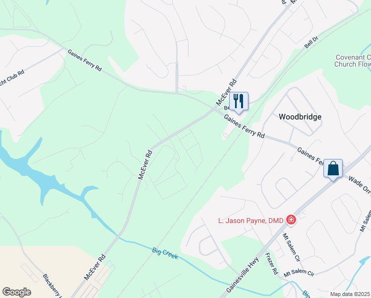 map of restaurants, bars, coffee shops, grocery stores, and more near 6651 Corryton Street in Flowery Branch