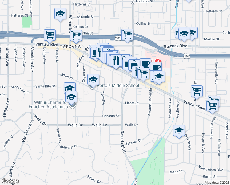 map of restaurants, bars, coffee shops, grocery stores, and more near 5324 Amigo Avenue in Los Angeles