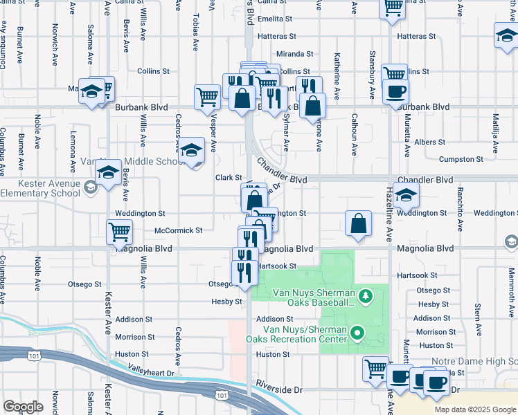 map of restaurants, bars, coffee shops, grocery stores, and more near 14423 Weddington Street in Los Angeles