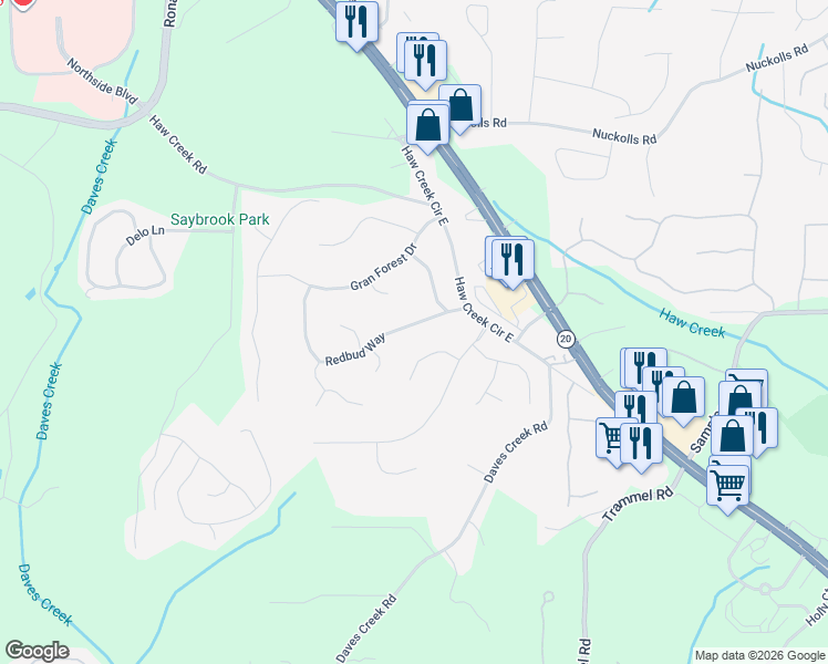 map of restaurants, bars, coffee shops, grocery stores, and more near 1435 Redbud Way in Cumming