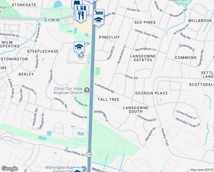 map of restaurants, bars, coffee shops, grocery stores, and more near 101 Brookshire Lane in Wilmington