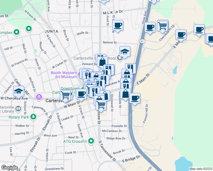 map of restaurants, bars, coffee shops, grocery stores, and more near East Cherokee Avenue in Cartersville