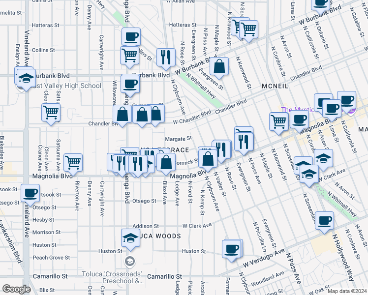map of restaurants, bars, coffee shops, grocery stores, and more near 10347 Weddington Street in Los Angeles