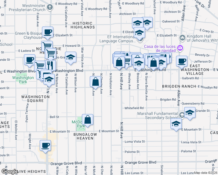 map of restaurants, bars, coffee shops, grocery stores, and more near 1215 North Holliston Avenue in Pasadena