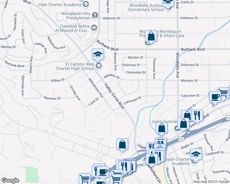 map of restaurants, bars, coffee shops, grocery stores, and more near 23563 Kivik Street in Los Angeles