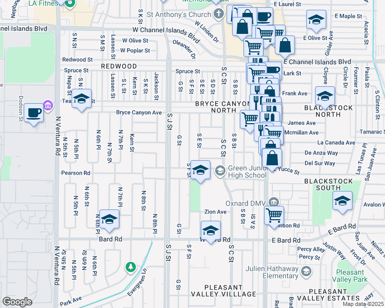 map of restaurants, bars, coffee shops, grocery stores, and more near 3620 South F Street in Oxnard