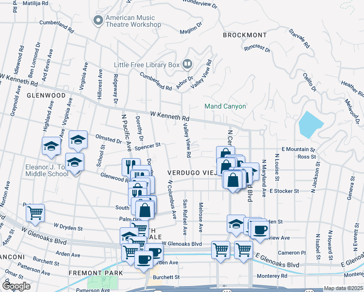map of restaurants, bars, coffee shops, grocery stores, and more near 1401 Valley View Road in Glendale