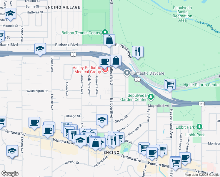 map of restaurants, bars, coffee shops, grocery stores, and more near 5301 Balboa Boulevard in Los Angeles