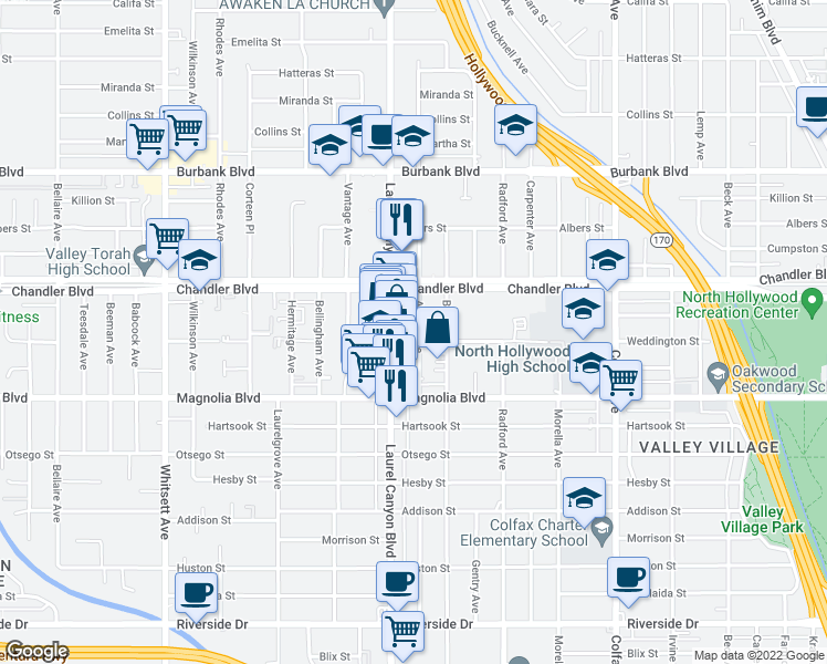 map of restaurants, bars, coffee shops, grocery stores, and more near 5309 Agnes Avenue in Los Angeles