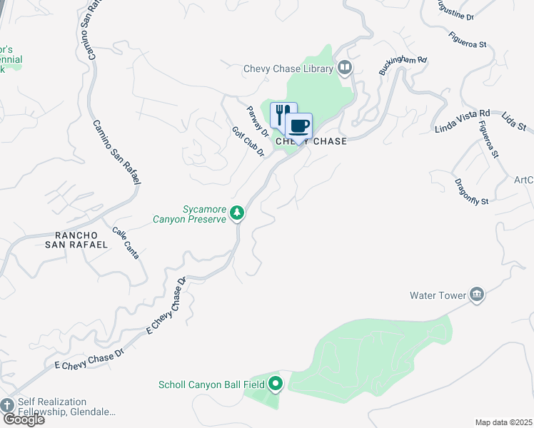 map of restaurants, bars, coffee shops, grocery stores, and more near Greenwich Road in Glendale
