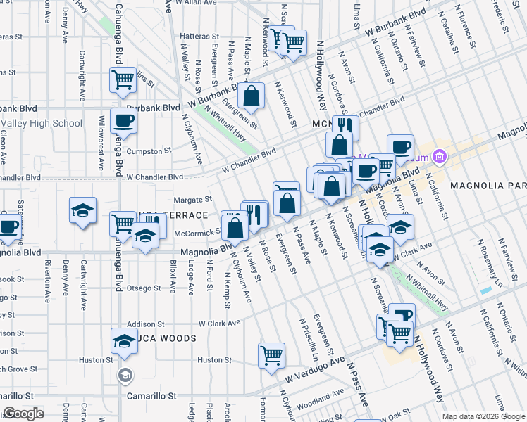 map of restaurants, bars, coffee shops, grocery stores, and more near 1027 Evergreen Street in Burbank