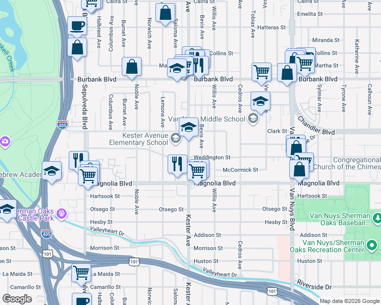 map of restaurants, bars, coffee shops, grocery stores, and more near 5347 Kester Avenue in Los Angeles