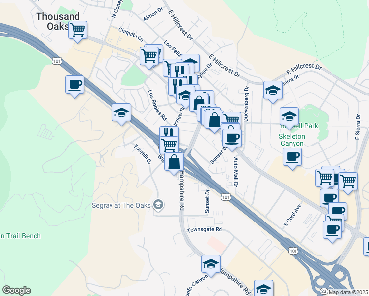 map of restaurants, bars, coffee shops, grocery stores, and more near 201 Hampshire Road in Thousand Oaks