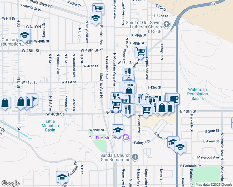 map of restaurants, bars, coffee shops, grocery stores, and more near 4219 North Mountain View Avenue in San Bernardino