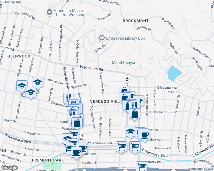 map of restaurants, bars, coffee shops, grocery stores, and more near 1400 Valley View Road in Glendale