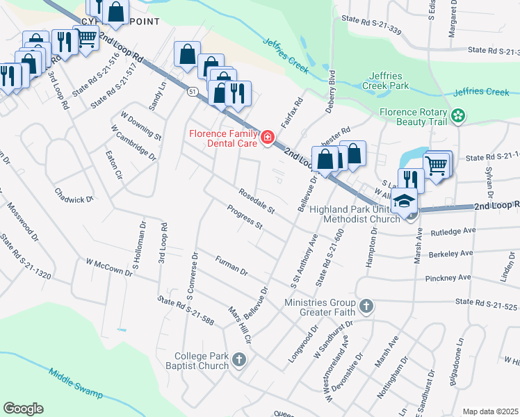 map of restaurants, bars, coffee shops, grocery stores, and more near 1504 Rosedale Street in Florence