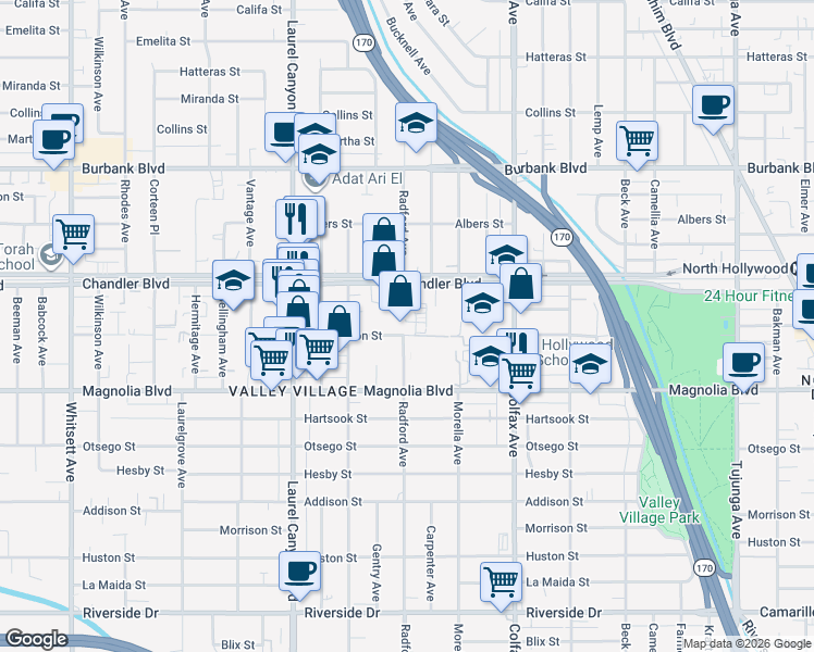 map of restaurants, bars, coffee shops, grocery stores, and more near 11855 Weddington Street in Los Angeles
