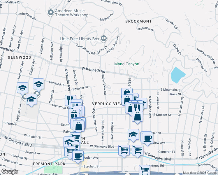 map of restaurants, bars, coffee shops, grocery stores, and more near 1400 Valley View Road in Glendale