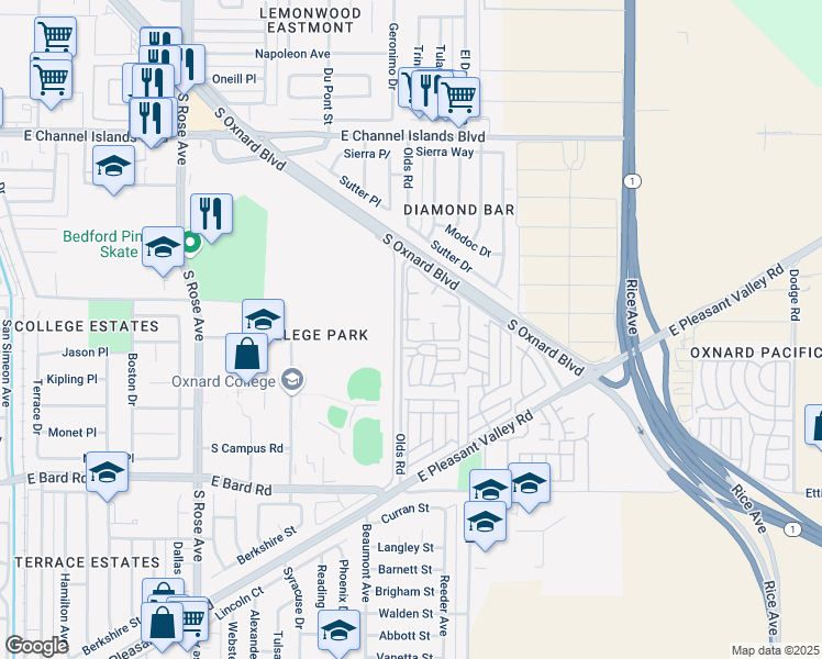 map of restaurants, bars, coffee shops, grocery stores, and more near 3646 Olds Road in Oxnard