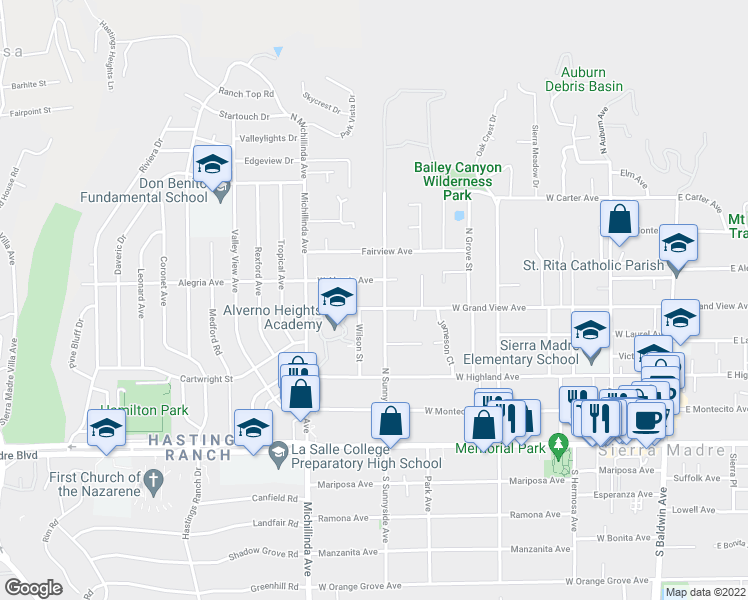 map of restaurants, bars, coffee shops, grocery stores, and more near 589 West Grand View Avenue in Sierra Madre