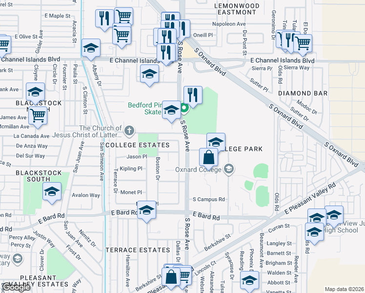 map of restaurants, bars, coffee shops, grocery stores, and more near 3630 Dallas Drive in Oxnard