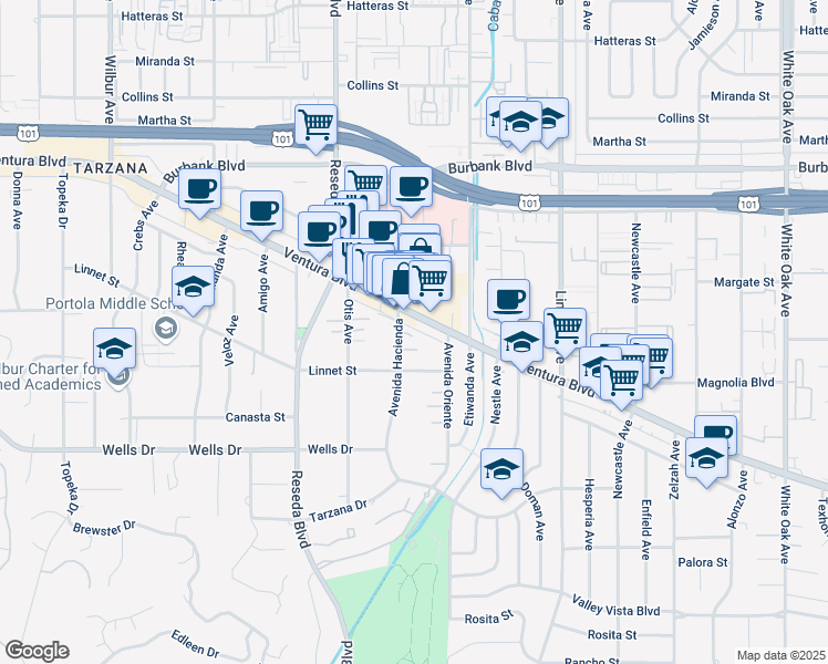 map of restaurants, bars, coffee shops, grocery stores, and more near 5246 Avenida Hacienda in Los Angeles