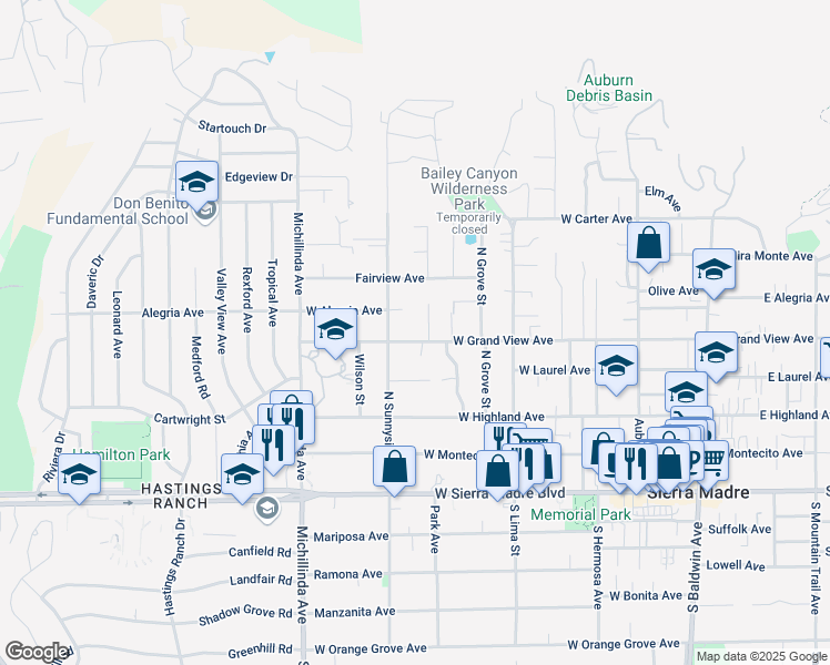 map of restaurants, bars, coffee shops, grocery stores, and more near 523 West Grand View Avenue in Sierra Madre