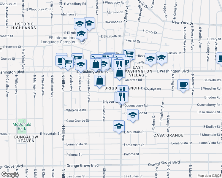 map of restaurants, bars, coffee shops, grocery stores, and more near 1215 N Dominion Ave in Pasadena