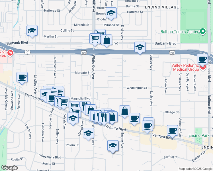 map of restaurants, bars, coffee shops, grocery stores, and more near 17601 Weddington Street in Los Angeles