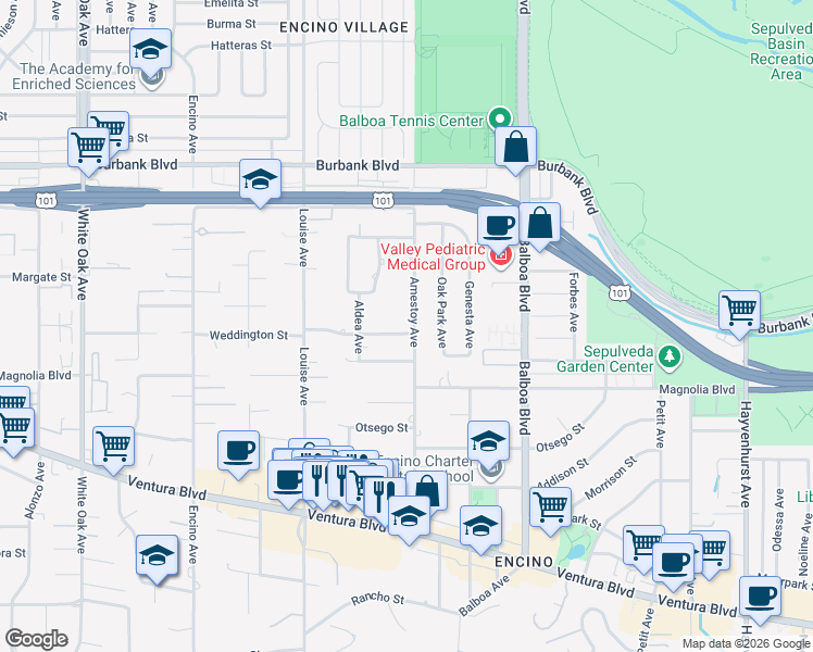 map of restaurants, bars, coffee shops, grocery stores, and more near 5269 Amestoy Avenue in Los Angeles