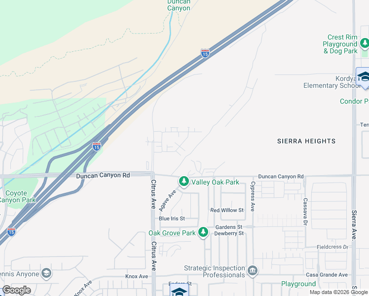 map of restaurants, bars, coffee shops, grocery stores, and more near 16229 Castello Lane in Fontana