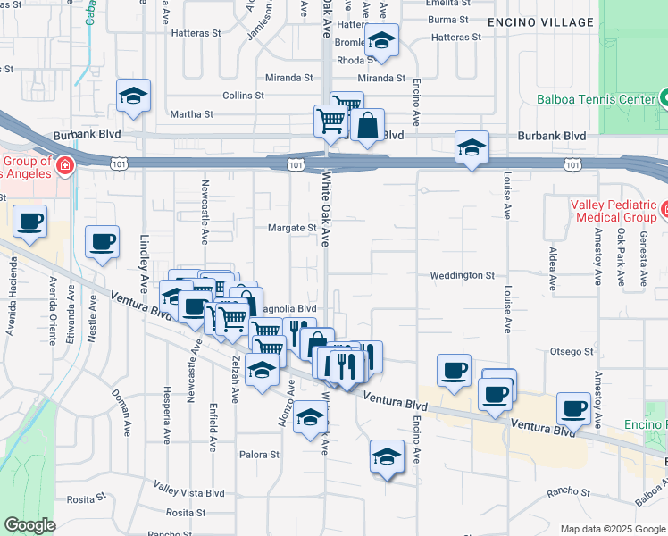 map of restaurants, bars, coffee shops, grocery stores, and more near 17647 Weddington Street in Los Angeles