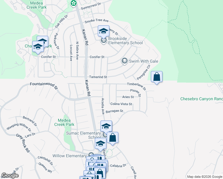 map of restaurants, bars, coffee shops, grocery stores, and more near 6348 Aquarius Avenue in Agoura Hills