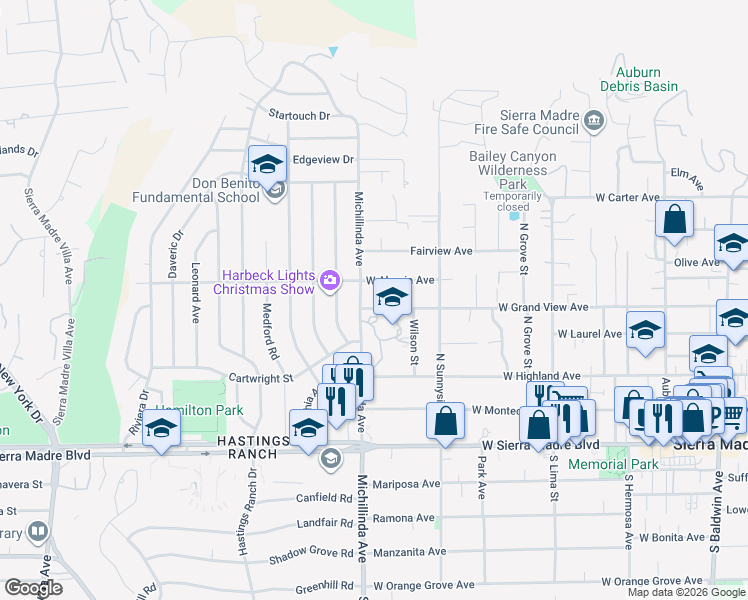 map of restaurants, bars, coffee shops, grocery stores, and more near 715 West Grand View Avenue in Sierra Madre