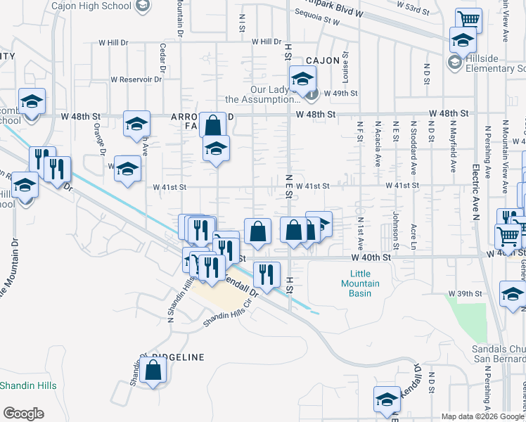 map of restaurants, bars, coffee shops, grocery stores, and more near 4057 Leuzinger Drive in San Bernardino County