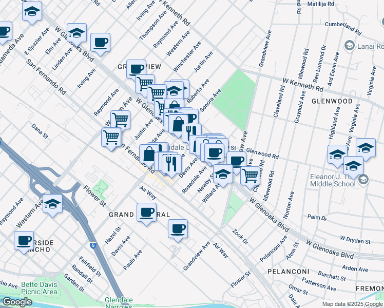 map of restaurants, bars, coffee shops, grocery stores, and more near 1069 Grover Avenue in Glendale