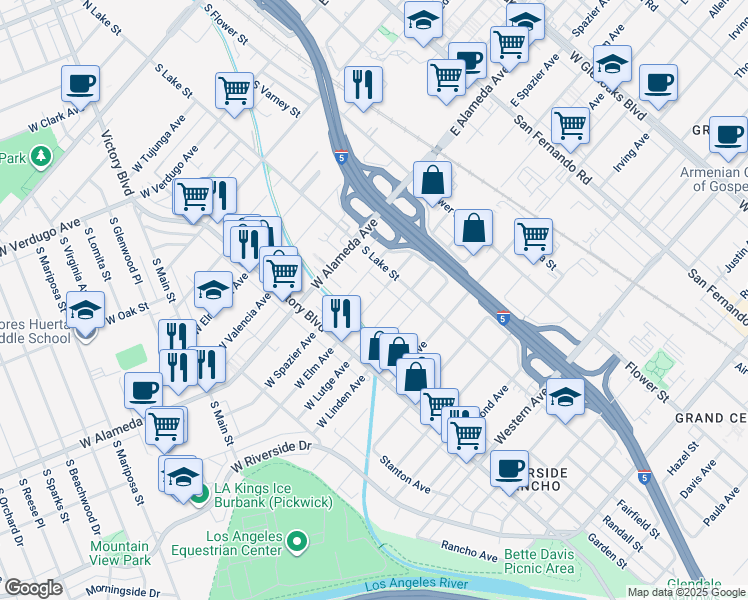 map of restaurants, bars, coffee shops, grocery stores, and more near 221 West Elm Avenue in Burbank