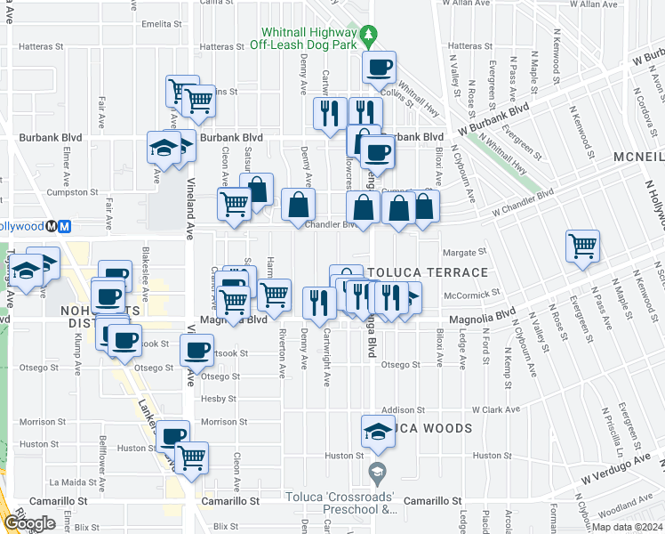 map of restaurants, bars, coffee shops, grocery stores, and more near 5309 Cartwright Avenue in Los Angeles