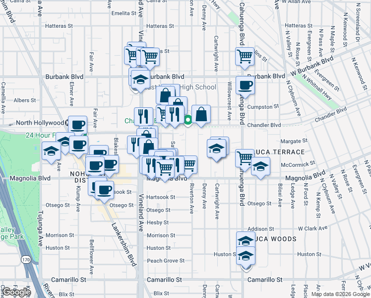 map of restaurants, bars, coffee shops, grocery stores, and more near 5308 Harmony Avenue in Los Angeles
