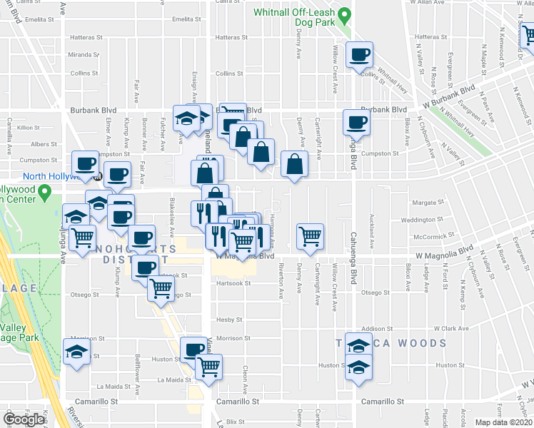 map of restaurants, bars, coffee shops, grocery stores, and more near 5308 Harmony Avenue in Los Angeles