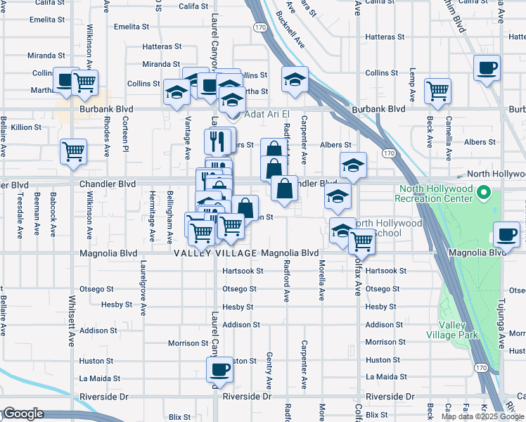 map of restaurants, bars, coffee shops, grocery stores, and more near 11941 Weddington Street in Los Angeles