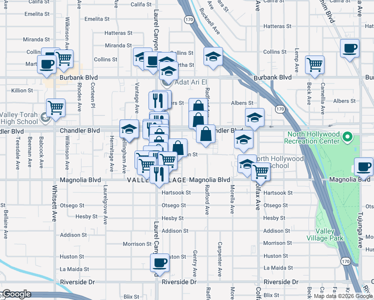 map of restaurants, bars, coffee shops, grocery stores, and more near 11941 Weddington Street in Los Angeles