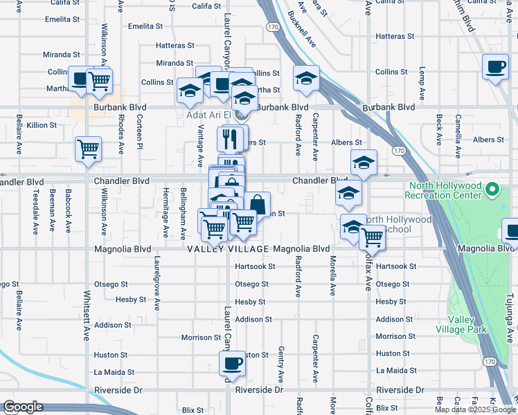 map of restaurants, bars, coffee shops, grocery stores, and more near 5308 Agnes Avenue in Los Angeles