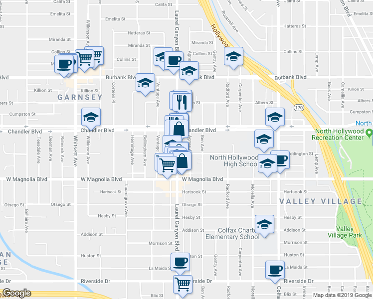 map of restaurants, bars, coffee shops, grocery stores, and more near 5308 Agnes Avenue in Los Angeles