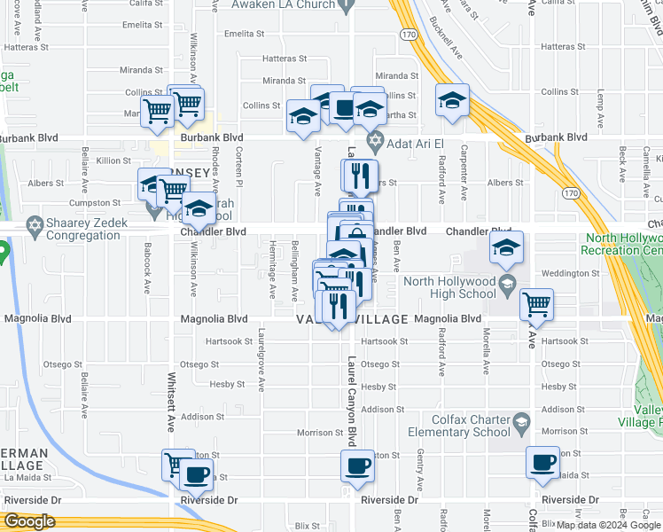 map of restaurants, bars, coffee shops, grocery stores, and more near 5306 Vantage Avenue in Los Angeles