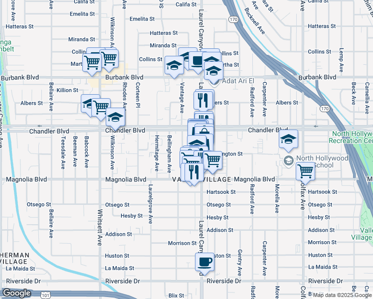 map of restaurants, bars, coffee shops, grocery stores, and more near 5306 Vantage Avenue in Los Angeles