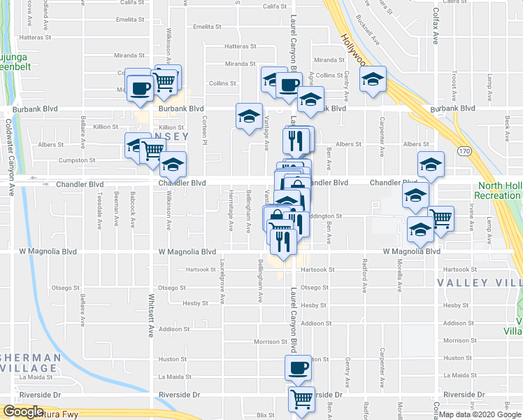 map of restaurants, bars, coffee shops, grocery stores, and more near 5306 Vantage Avenue in Los Angeles