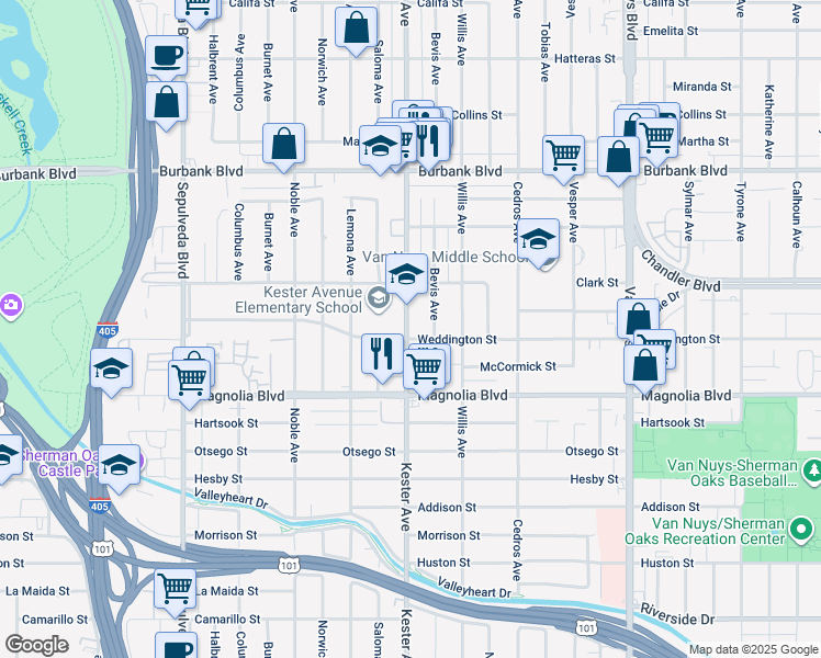 map of restaurants, bars, coffee shops, grocery stores, and more near 5347 Kester Avenue in Los Angeles
